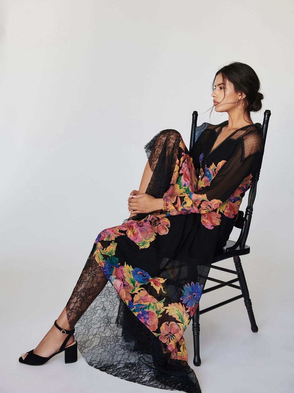 0107. NEW Free People Black Floral Bold Blooms Maxi Dress